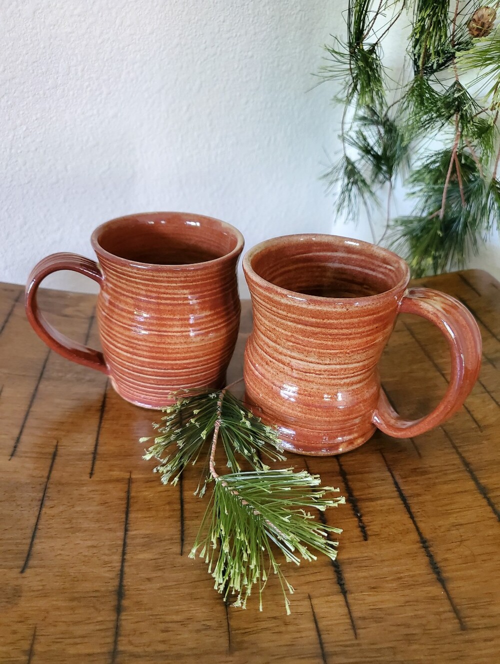 Artist Signed Vintage Studio Pottery Ribbed 12 oz Mug Burnt Orange Stoneware